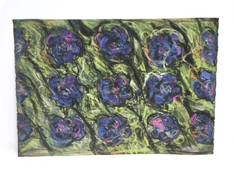 Graphic original chalk art on paper | chartreuse, hot pink, purple | abstract roses | modern art