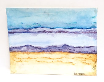 Original watercolor on paper | abstract | sky landscape | blue, purple, brown | Elemental