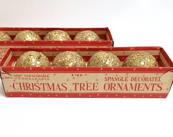 Gold glitter ball ornaments, set of 8 | Spangle Decoratel | Spot-Lite | vintage gold sequin ornaments | mid century Christmas | tree decor