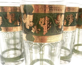 Green and gold grapes highball glasses, set of 8 | retro Cera tumblers | columns | 1970s | vintage barware | Italian | 22k gold