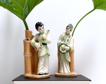 Vintage set ceramic bamboo bud vases | Asian musicians | mid century ceramic bud vases | boy and girl with instruments