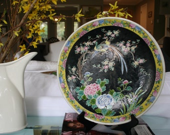 Vintage Nippon plate with tropical birds | yellow, black, green pink | birds of paradise and peonies | Chinoiserie | Japanese ceramic plate