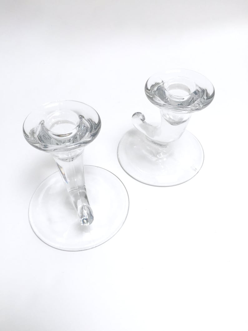Vintage Glass Horn Taper Candleholders, a Pair Pressed Glass Cornucopia