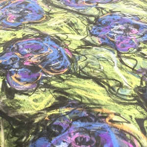 Graphic original chalk art on paper chartreuse, hot pink, purple abstract roses modern art image 4