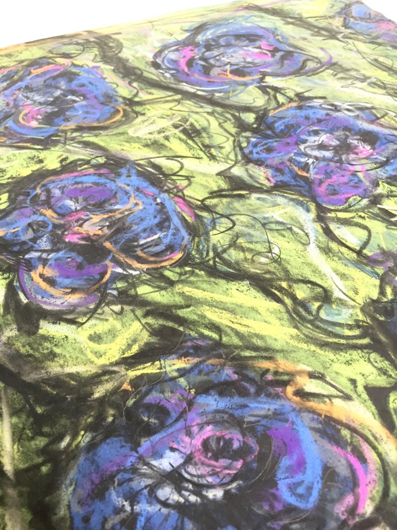 Graphic original chalk art on paper chartreuse, hot pink, purple abstract roses modern art image 4