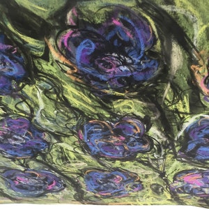 Graphic original chalk art on paper chartreuse, hot pink, purple abstract roses modern art image 3