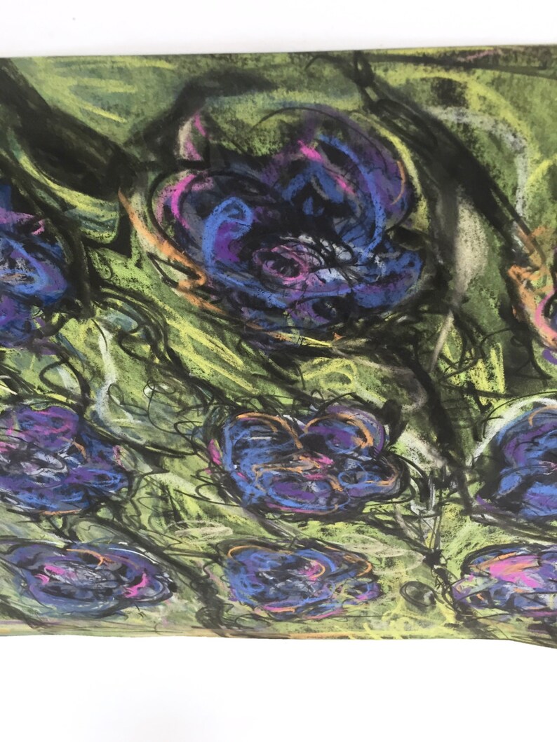 Graphic original chalk art on paper chartreuse, hot pink, purple abstract roses modern art image 3