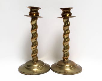 Brass twisted candle holders, a pair | vintage taper candlestick holders | solid brass | spiral design | barley twist | gold candle holders