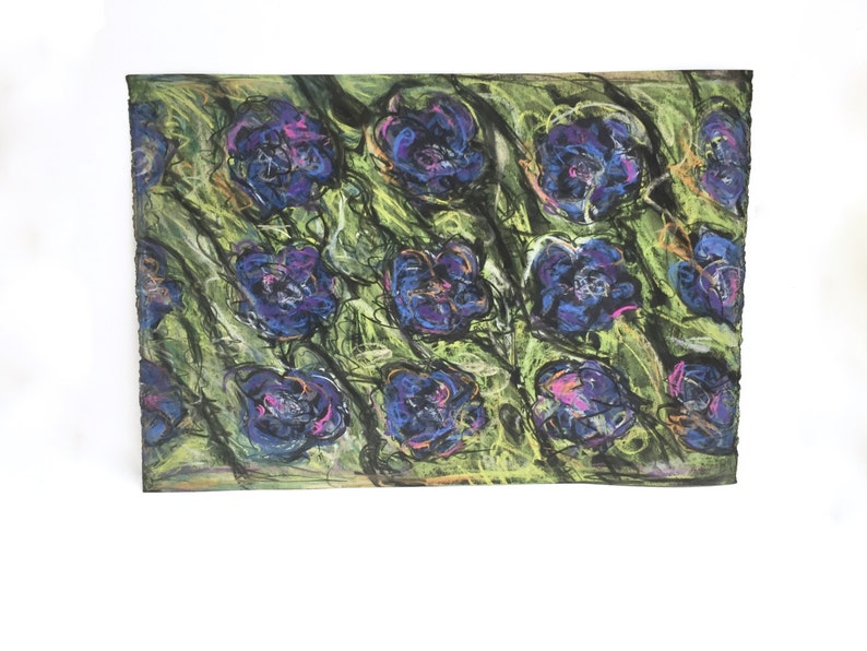 Graphic original chalk art on paper chartreuse, hot pink, purple abstract roses modern art image 1