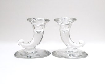 Vintage glass horn taper candleholders, a pair | pressed glass cornucopia candleholders | vintage modern | mid century taper candle holders