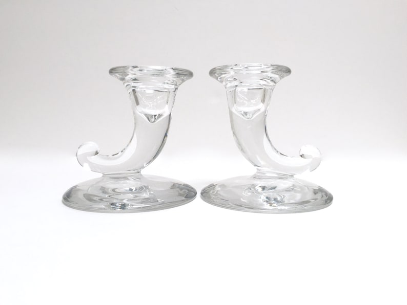 Vintage Glass Horn Taper Candleholders, a Pair Pressed Glass Cornucopia