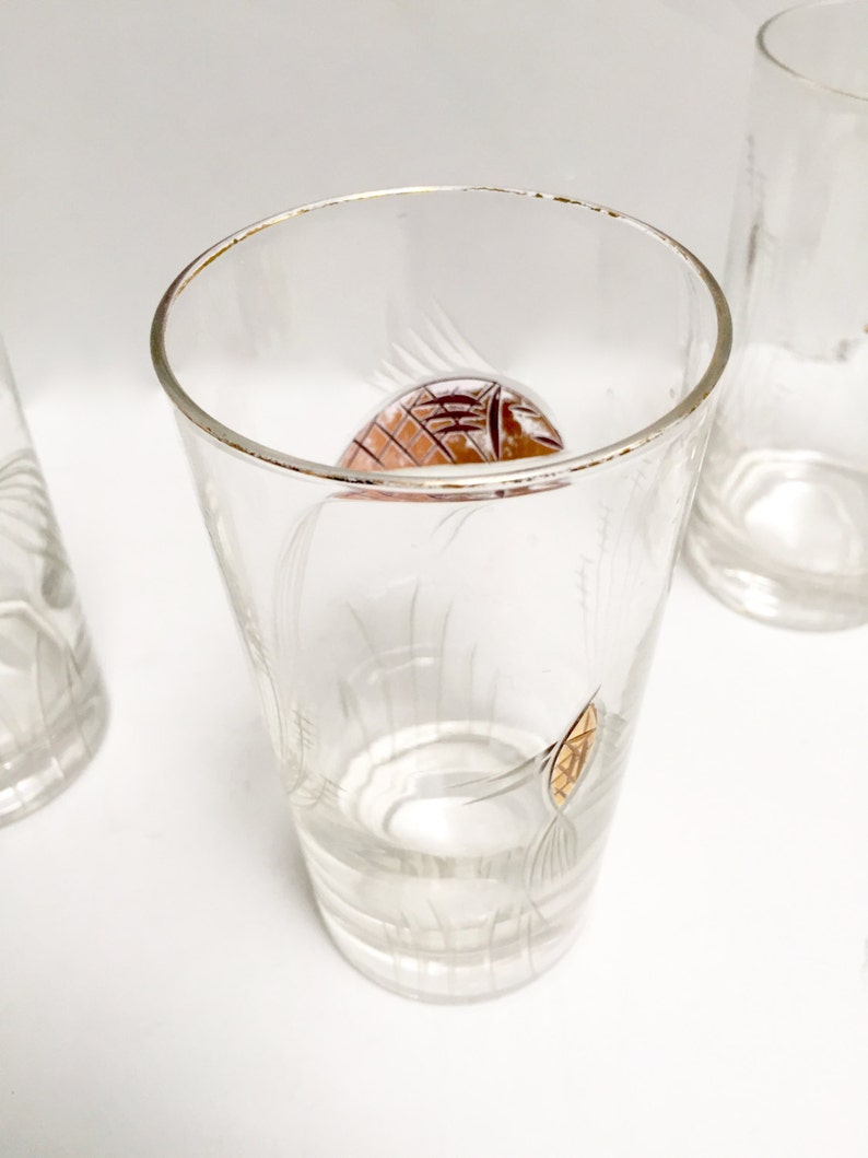 Mid century gold fish ice bucket and tumblers 4 etched and golden glasses ice bucket set vintage barware set image 3