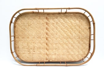 Vintage woven bamboo trays | set of 4 | wicker rattan trays | vanity tray | serving tray | retro entertaining | boho decor | set of trays