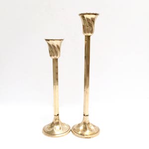 Brass candleholders with fluted tops, a set | set of 2 vintage brass candleholders | tall and short candlesticks | taper candles | shiny