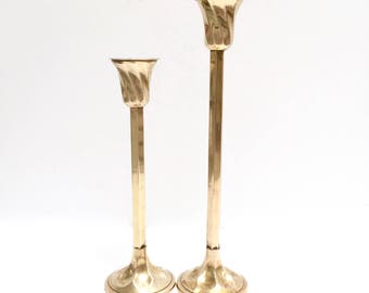 Brass candleholders with fluted tops, a set | set of 2 vintage brass candleholders | tall and short candlesticks | taper candles | shiny