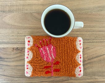 Handmade Flower Mug Rug: Hooked Yarn Art Coaster