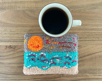 Handmade Rug Hooked Mug Rug: Ocean Beach Lake Yarn Art