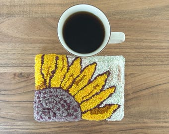 Handmade Sunflower Mug Rug: Purple Yarn Art, Friend Gift