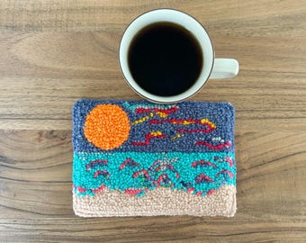 Handmade Ocean Rug Hooked Mug Rug: Beach Coaster, Yarn Art