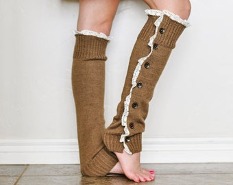 Sophie Button Down Leg Warmers in Brown.