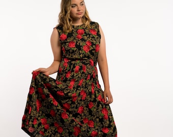 black dress with red roses on it