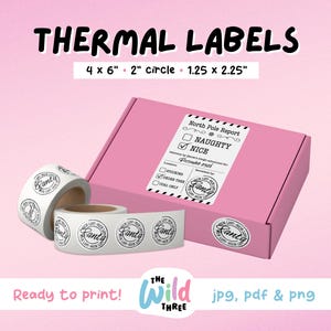 May include: A set of 2-inch round thermal labels with the text "Wanty" printed in black on a white background. The labels are designed for use on packages and are ready to print. The labels are available in JPG, PDF, and PNG formats.