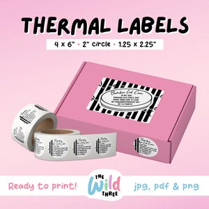 May include: A set of thermal labels for product packaging. The labels are white with black text and a bamboo design. The labels are available in 4x6 inch, 2 inch circle, and 1.25x2.25 inch sizes. The labels are ready to print in JPG, PDF, and PNG formats.