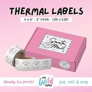 May include: A set of thermal labels with a pink box and a white label that says "Santa Mail". The labels are 4 inches by 6 inches, 2 inches in diameter, and 1.25 inches by 2.25 inches. The labels are ready to print and come in JPG, PDF, and PNG formats.