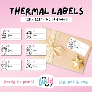 May include: Set of six printable thermal labels featuring Christmas-themed illustrations. The labels are 1.25 inches by 2.25 inches and include designs of a Christmas tree, a gift box, a gingerbread man, an elf, and ornaments. The labels are ready to print and can be used for gifts, favors, or other holiday crafts.