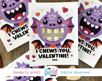 DRAGON GUM VALENTINE, I Chews You Valentine, Kids Valentine, Gum Teeth Valentine, Dragon Valentine, Printable Valentine | The Wild Three