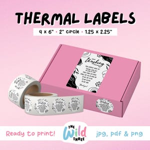 May include: A set of thermal labels with a pink background and black text. The labels are for washing instructions and include the text "Washing Instructions". The labels are available in four sizes: 4 x 6 inches, 2 inch circle, 1.25 x 2.25 inches. The text "Ready to print!" is at the bottom of the image.