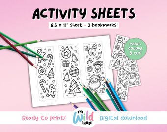 COLORING BOOKMARKS – 3 Christmas themed bookmarks on 1 printable 8.5 x 11" sheet, Instant digital download | Printable Activity Sheets