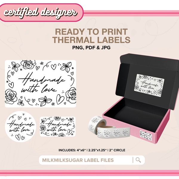 HANDMADE WITH LOVE Thermal Printer Labels for Rollo, Munbyn or Epson, Box Labels, Rollo Labels, Thermal Stickers Download | Handmade Labels