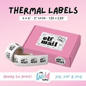 May include: A set of white thermal labels with black text that reads "elf mail". The labels are 2 inches in diameter and come in a pack of 4. The labels are ready to print and can be used for a variety of purposes, such as shipping labels, gift tags, and more.