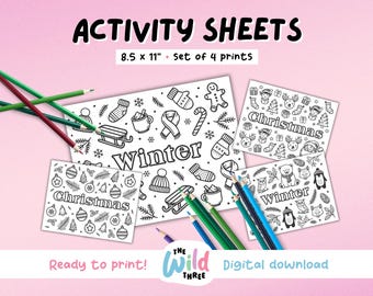 COLORING PAGES for kids and adults, 4 Christmas and Winter themed printable sheets, Instant digital download | Printable Activity Sheets