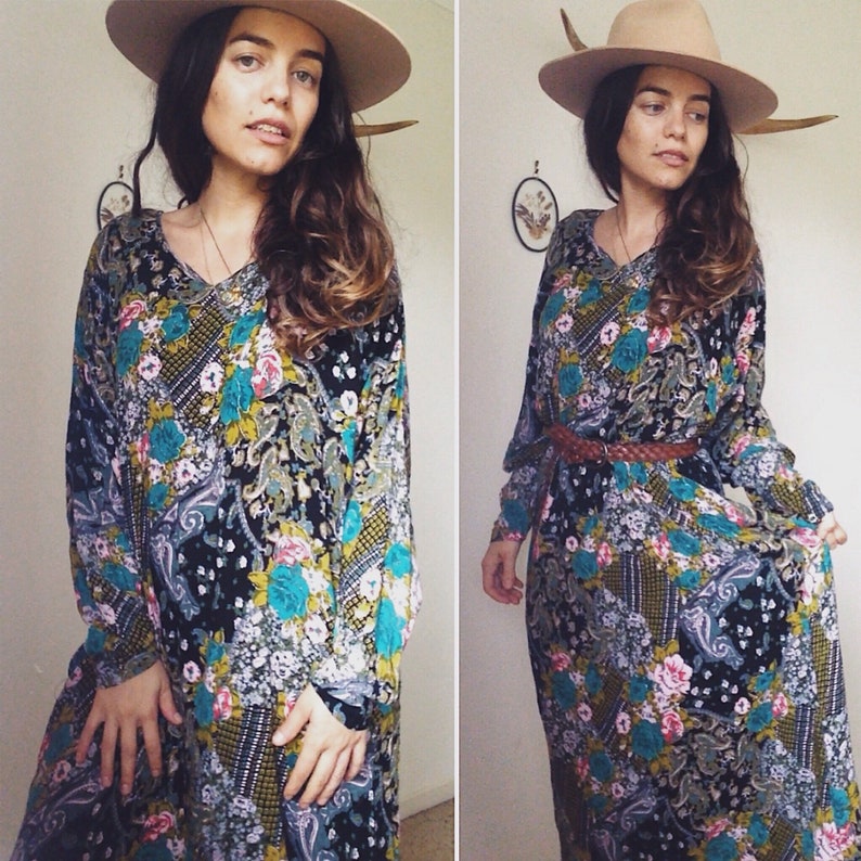 Vintage 70s ETHNIC BOHEMIAN PATCHWORK Print Dress Cotton Kaftan Style Maxidress Spring Florals Gypsy Festival Muu Muu Size S-M