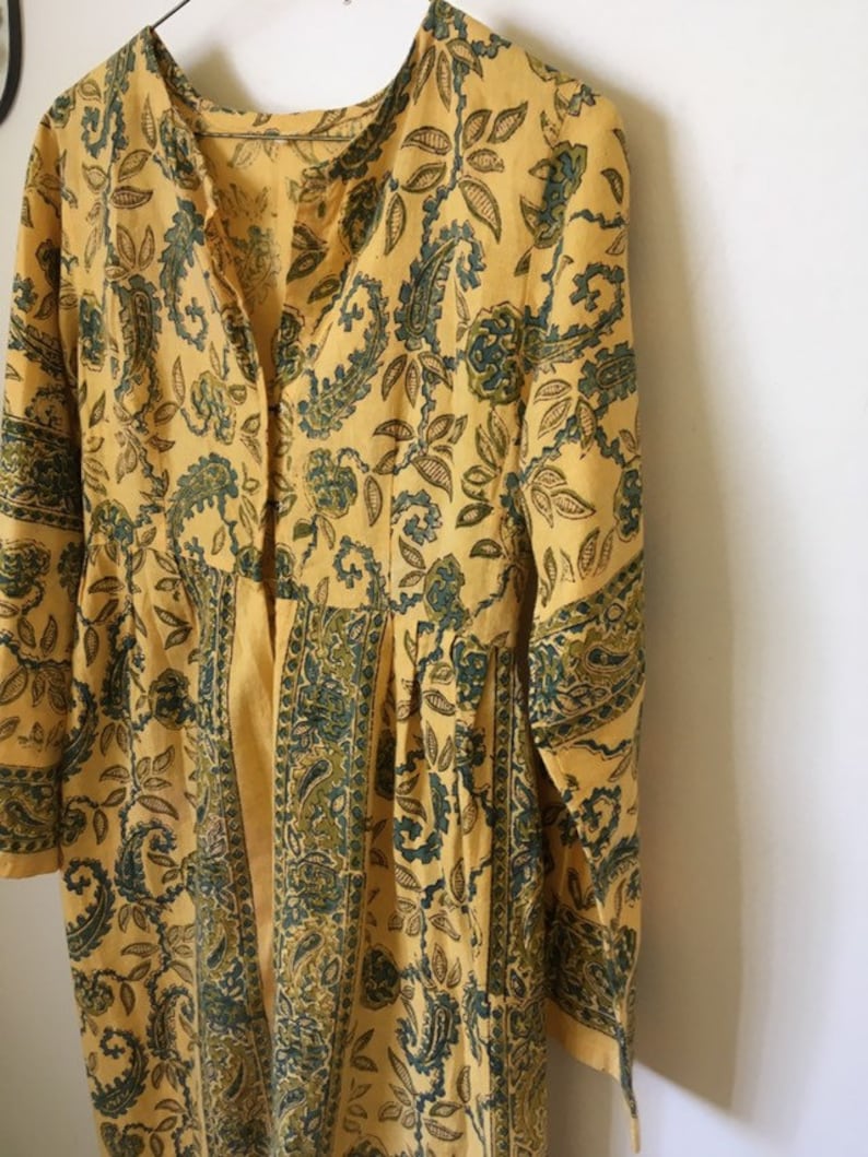 Vintage 60s INDIAN COTTON MAXI Bohemian Gypsy Hostess Kaftan Style Long Dress Traditional Blockprint Bell Sleeve Dress Size S-M