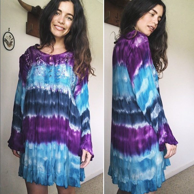Vintage 90s MAGICAL TIEDYE EMBROIDERED Minidress Magical Tie Dye Slouchy Sundress Easy Breezy Byron Bay Style Free Size
