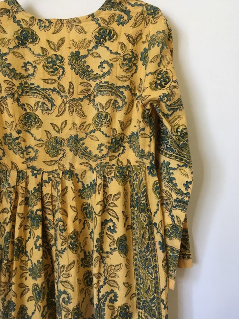 Vintage 60s INDIAN COTTON MAXI Bohemian Gypsy Hostess Kaftan Style Long Dress Traditional Blockprint Bell Sleeve Dress Size S-M