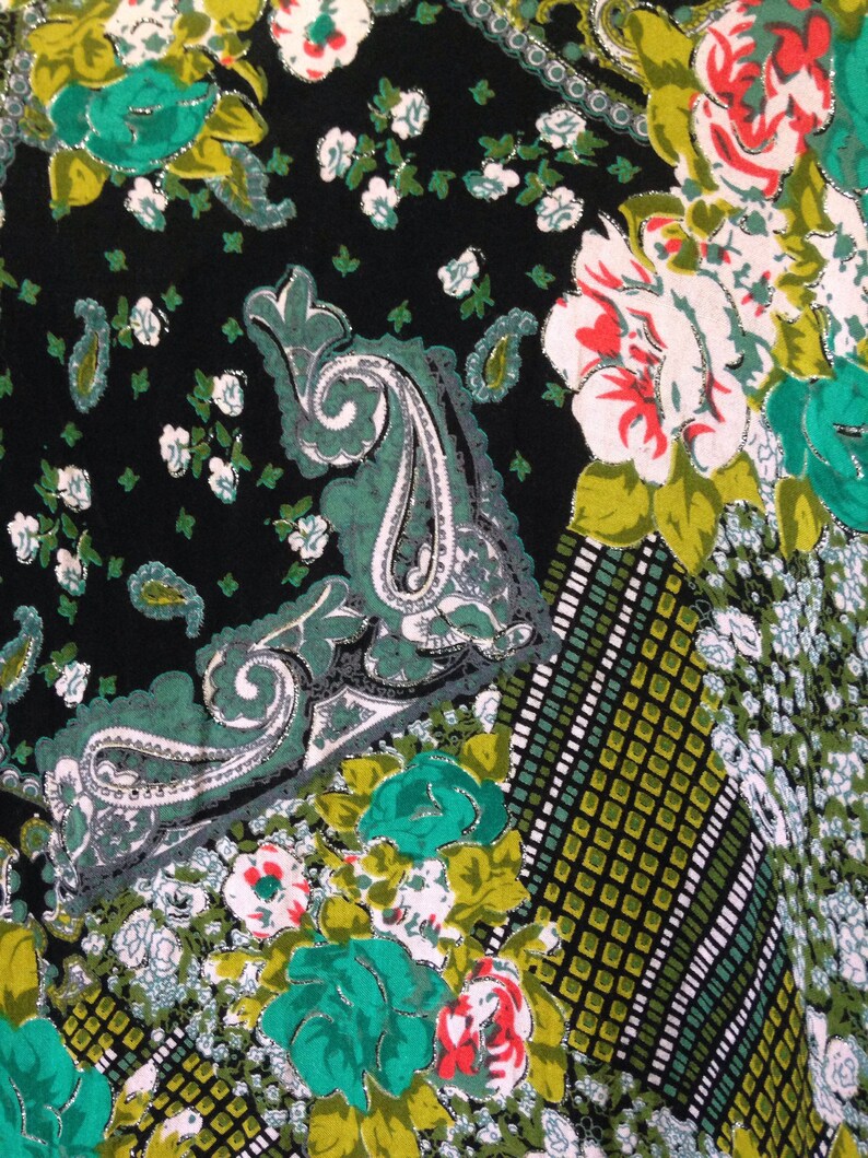 Vintage 70s ETHNIC BOHEMIAN PATCHWORK Print Dress Cotton Kaftan Style Maxidress Spring Florals Gypsy Festival Muu Muu Size S-M