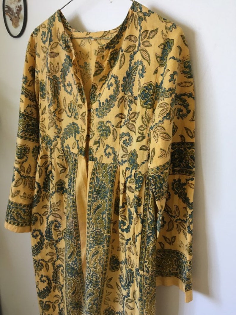 Vintage 60s INDIAN COTTON MAXI Bohemian Gypsy Hostess Kaftan Style Long Dress Traditional Blockprint Bell Sleeve Dress Size S-M