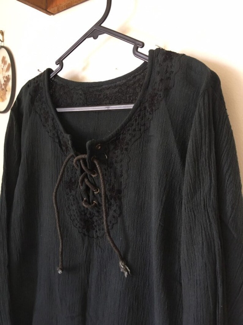 Vintage 70s HIPPIE GAUZE BOHEMIAN Lace Up Tunic Black Embroidered Crinkle Cotton Gypsy Blouse Size S