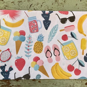 May include: A white background with a repeating pattern of summer-themed illustrations. The illustrations include pineapples, lemons, cherries, bananas, popsicles, flip-flops, ice cream cones, and mason jars filled with lemonade.