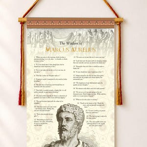 May include: A wall hanging scroll featuring The Wisdom of Marcus Aurelius with a portrait of the philosopher, twenty-five numbered quotes, and a decorative border. The scroll is suspended by two wooden rods and a red and gold braided cord.
