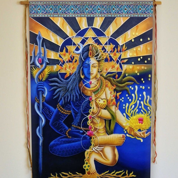 Ardhnarishwara Shiva Shakti, peinture de shiva parvati, mur de Shiva Shakti, art de dieu hindou, peinture de shiva, décor de studio de yoga, Rumi, tapisserie