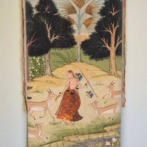 インドのラガマーラ絵画プリント、壁掛け、動物と女性、アンティークアートワーク、ヴィンテージインドの壁アート、女性のラギニ、キャンバス、タペストリー