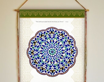 May include: A scroll with a quote about speaking: "before I speak I let my words pass through three gates. I ask myself, 'Is it true?' 'Is it necessary?' 'Is it kind?'" The scroll features a colorful mandala design with blue, green, and gold accents.