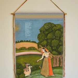 ハーフィズの詩、インドのラガマーラ絵画、壁掛け、動物と女性、アンティークアートワーク、ヴィンテージインドの壁画、トーディラギニ、タペストリー