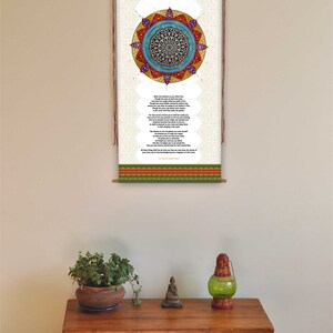 May include: A canvas wall hanging with a colorful mandala design and a poem about love and life. The text reads "When love besieges you, follow her..." The hanging is ready to hang and is made of canvas fabric.