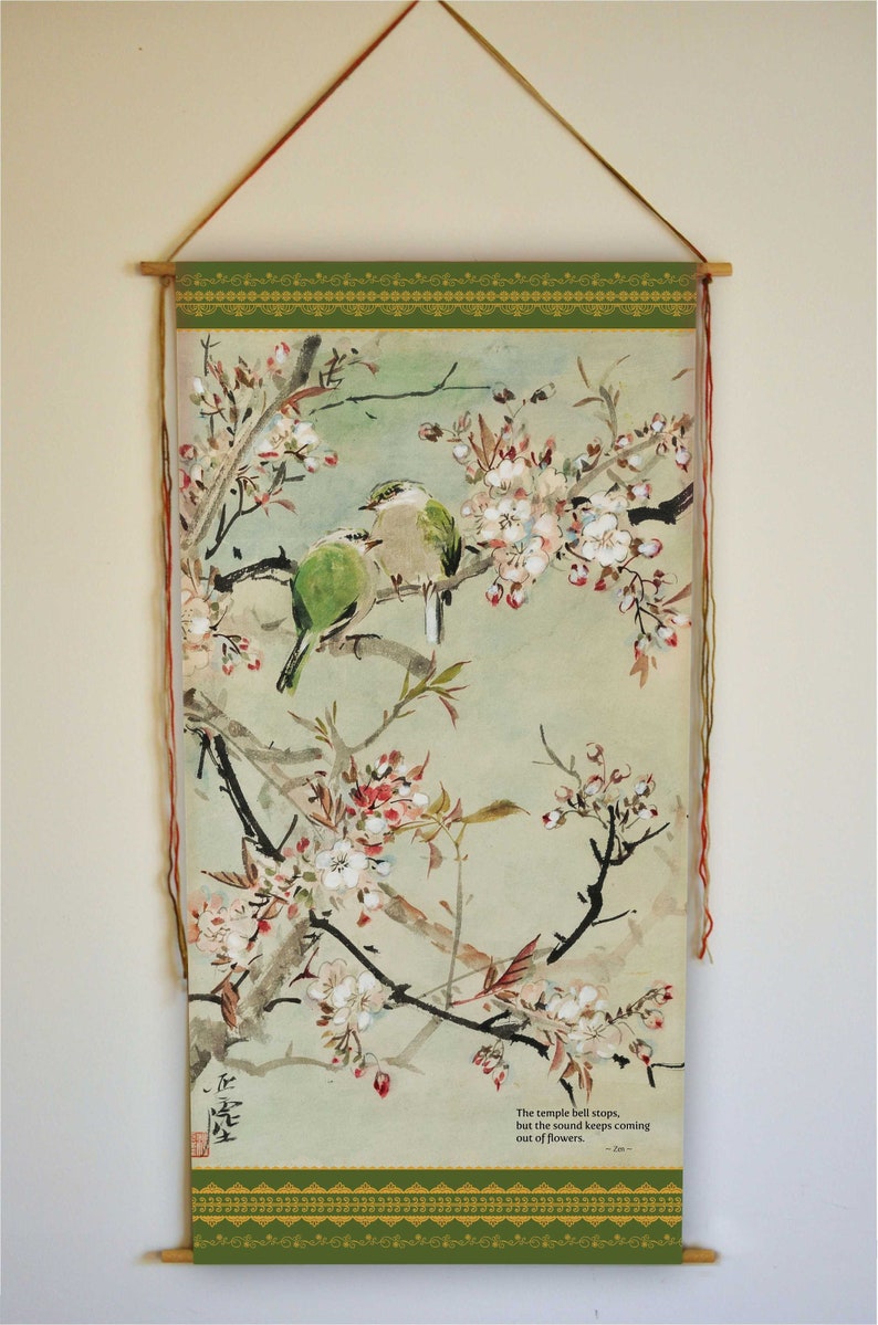 Zen Wall Art, Birds Painting, Zen Decor, Zen Painting, Japanese Painting , Japanese Art, Zen Quote, Basho Zen Master, Birds Print, Tapestry image 1